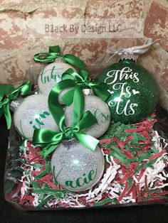 This is Us! Glitter Christmas Ornament Set Christmas Ornament B1ack By Design LLC Beginner Wood Burning Projects, Custom Ornaments, Custom Christmas Ornaments, Glitter Ornaments, Round Ornaments, Christmas Ornament Sets, Family Moments, Celebrate Christmas, Green Glitter