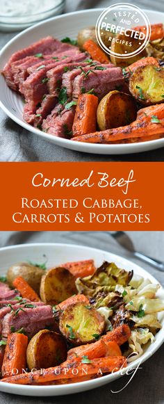 corned beef roasted cabbage carrots and potatoes on a white plate with text overlay