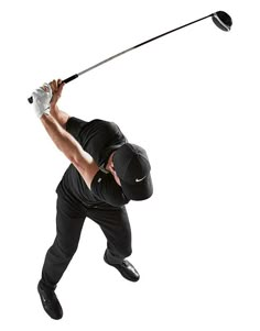 a man swinging a golf club on top of a white background in mid - air