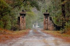 an old brick road with two gates leading into the distance and trees on either side