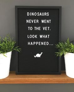 a sign that says dinosaurs never went to the vet look what happened, and two potted plants