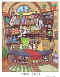 a cartoon character sitting at a desk in front of a book shelf filled with books