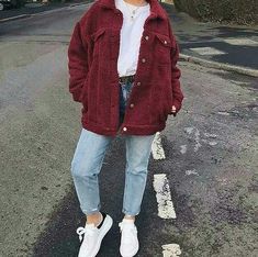 Red Curdory Jacket Outfit, Maroon Denim Jacket Outfit, Maroon Corduroy Jacket Outfit, Latest Winter Fashion, Maroon Outfit, Maroon Jacket, Doc Martens Outfit, Goth Outfit, 2016 Fashion Trends