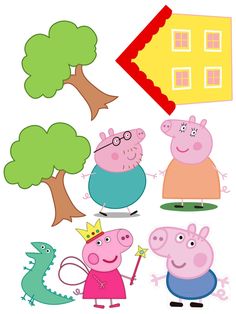 peppa pig family in front of a house with trees and a dragon on the other side