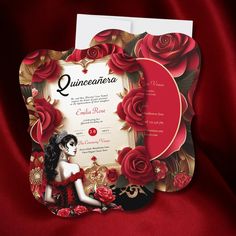 a red and black wedding card with roses on it