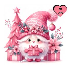 a pink christmas card with a cute santa clause holding presents in front of a tree