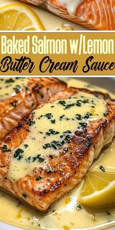 baked salmon and lemon butter cream sauce on a plate