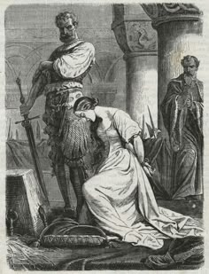 an old engraving shows a man and woman in ancient dress