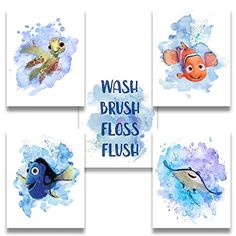 four watercolor paintings of different types of animals and words that say wash, brush, floss, flush