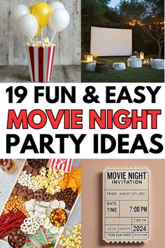 movie night party ideas for kids and adults to enjoy in the evening, including popcorn, movies