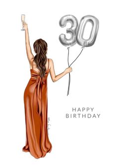 a woman in a brown dress holding a glass of wine and the number 30 balloon