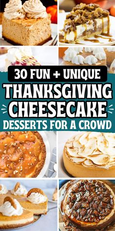 Easy Thanksgiving cheesecake recipes for unique holiday desserts! These fall themed cheesecake flavors include pumpkin, caramel apple, and pecan pie cheesecake, plus cheesecake bars and mini cheesecake bites, perfect for your thanksgiving dinner or friendsgiving potluck. Mini Cheesecakes Gluten Free, Best Thanksgiving Cheesecake, Different Cheesecakes, Cheesecake Recipes Thanksgiving, Thanksgiving Cheesecakes, Cheesecake Caramel Apple, Gluten Free Thanksgiving Dessert, Holiday Desserts Easy, Easy No Bake Pumpkin Cheesecake