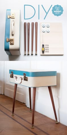 an old suitcase turned into a table with legs and knobs on the top, sitting next to a wall