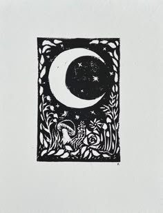 a black and white drawing of a half moon in a square with flowers on it