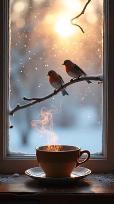 two birds sitting on a branch above a cup of coffee