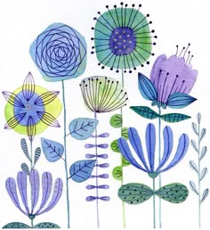 watercolor painting of flowers and leaves on white paper with blue, green, purple and yellow colors