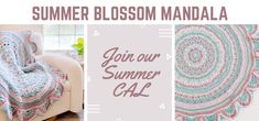 an advertisement for a crocheted blanket and chair with the words summer blossom mandala on it