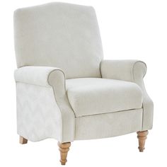 an upholstered white chair with wooden legs