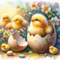 a painting of chicks in an egg shell surrounded by flowers