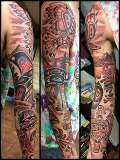 three different tattoos on the arms and arm