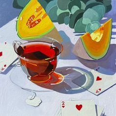 an oil painting of a cup of tea on a table with cards and fruit in the background