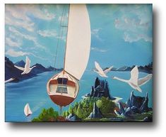 a painting of a sailboat with birds flying around it