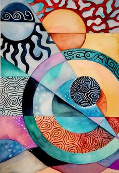 an abstract painting with different colors and shapes on it, including circles, waves, and swirls