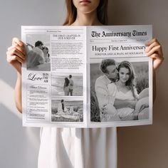 a woman holding up a newspaper with photos on it and the words happy first anniversary