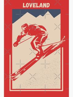 a man riding skis down the side of a snow covered slope in red and blue