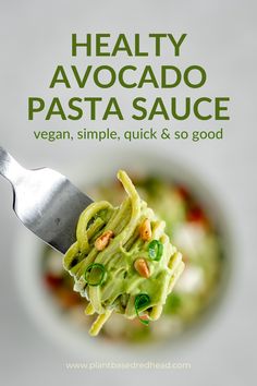 a spoon full of food with the words healthy avocado pasta sauce