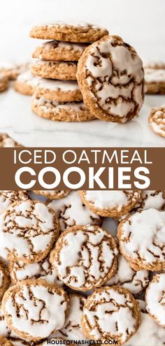 iced oatmeal cookies stacked on top of each other with text overlay