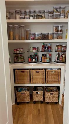 an organized pantry with baskets and food items