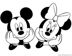 two cartoon mickey and minnie mouses with their heads touching each other's hands