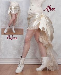 "Here's the perfect foundation piece to fulfill all your Victorian bustle daydreams. Wear it to achieve a gorgeous 1880's style bustle silhouette with most lightweight skirts. It's construction is modern, however, made from French-bustled organza, so it's lightweight, comfortable, and super easy to sit and dance in. While I intend it as a foundation piece - I do believe it's gorgeous enough to wear by itself too! The fabric is stiff crystal organza, and the edges are trimmed in wide lace for fli French Bustle Wedding Dress Tulle, American Bustle Wedding Dress Lace, Bustle Skirt Diy, Diy Bustle Skirt, Fitted Vintage Bottoms With Attached Cancan, Vintage Fitted Bottoms With Attached Cancan, Vintage Fitted Wedding Bottoms, Victorian Fitted Petticoat With Attached Cancan, Modern Victorian Fashion