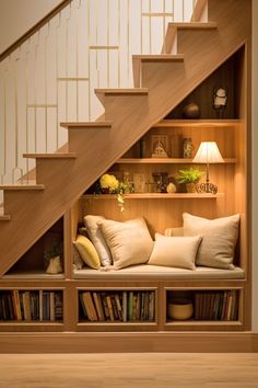 an open bookcase under the stairs with pillows and books