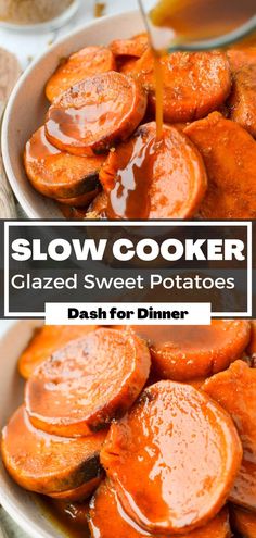 slow cooker glazed sweet potatoes in a bowl with sauce on the side and title overlay