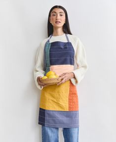 colorful colorblock apron with adjustable ties and hand-embroidery made from 100% organic cotton twill Different Apron Styles, Cute Apron Pattern, Apron Decorating Ideas, Canvas Apron Pattern, Sewing Kitchen Projects, Apron Aesthetic, Harvesting Apron Pattern, Unisex Apron Pattern, Sewing Gardening Apron