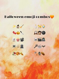 an orange and yellow watercolor background with halloween emoji combos on it