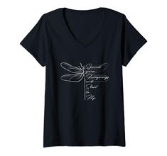 a women's black t - shirt with white dragonflys on the front