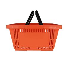 an orange plastic shopping basket with handles on the front and bottom, hanging from a hook