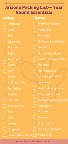 the arizona packing list for round essentials is shown in pink and yellow with an orange background