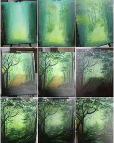 many different pictures of trees and grass in the woods, with green paint on them