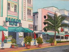 a painting of a hotel with palm trees and potted plants on the side walk