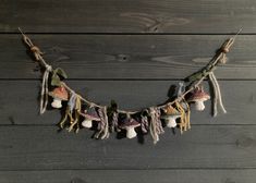 a string with tassels hanging from it on a wooden wall