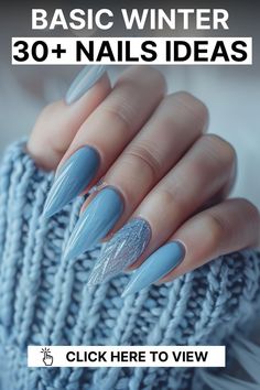 These nails feature a blue ombre effect with a touch of glitter, creating a sparkling winter wonderland look. The stiletto shape adds elegance and drama, making this design ideal for holiday parties and festive events. Icy Nails Winter Blue, Blue White Glitter Nails, Winter Blue Almond Nails, Winter Nail Designs Glitter, Blue Winter Nail Designs Almond, Icy Blue Winter Nail Designs, Gray And Blue Nails Design, Icy Blue And White Nails, Gel Nail Designs For Winter French Tips Manicure Ideas