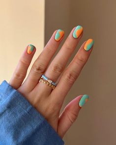 Aqua Nails, Orange Nail Designs, Smink Inspiration, Simple Gel Nails, Blue Nail Designs, Orange Nails