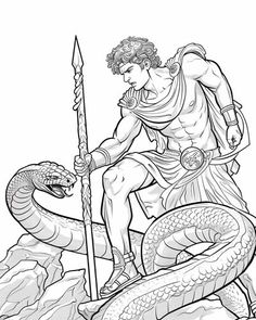 coloring page of Apollo defeating the python Apollo Art Greek Mythology, Greek Mythology Line Art, Greek Mythology Art Drawing, Apollo Drawing, Greek Mythology Apollo, Apollo Core, Giant Serpent, Roman Drawings, The Oracle Of Delphi