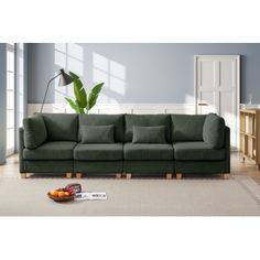 a green couch sitting on top of a rug in a living room next to a plant