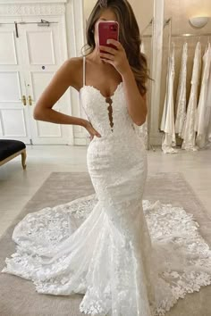 Spaghetti Straps Deep V Neck Mermaid Sweep Train Wedding Dress-Pgmdress Wedding Dress Spaghetti Straps, Wedding Dresses Near Me, Wedding Dresses Spaghetti Strap, Sweep Train Wedding Dress, Train Wedding Dress, Lace Applique Wedding Dress, Wedding Dresses With Straps, Wedding Gowns Mermaid, V Neck Wedding Dress