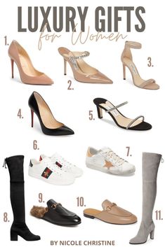 women's shoes and high heels with the words luxury gifts for women on them